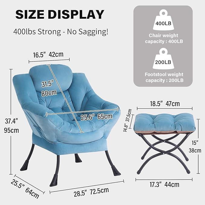 Tiita Lazy Chair with Ottoman, Blue Chiars Modern Large Accent Lounge Armchair, Comfy Leisure Sofa Reading Chair with Footrest for Bedroom, Living Room, Dorm Rooms, Garden, Velvet Light Blue