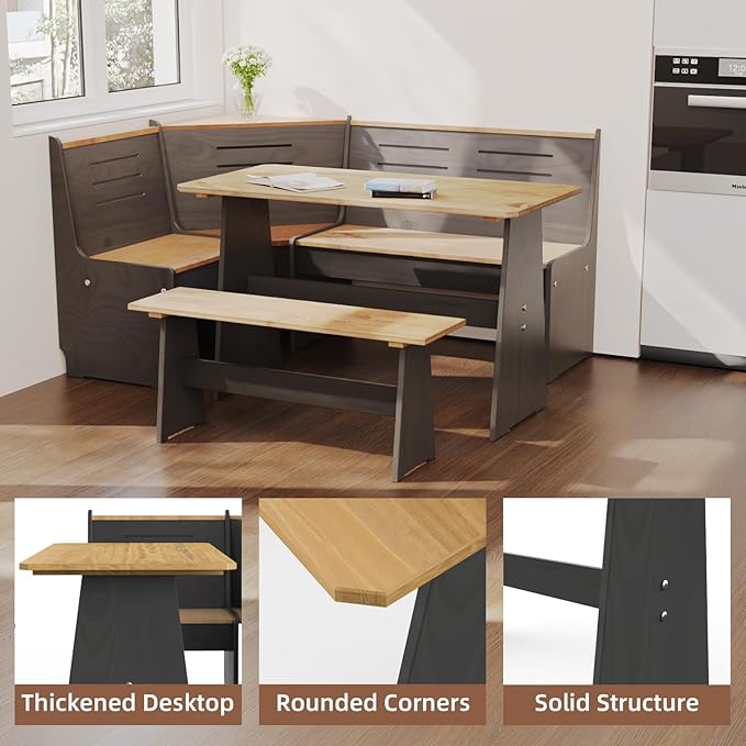 Breakfast Nook Table Set for Kitchen - Bench Seating for Dining Room with Space Saving Solid Wood L Shaped Corner Dining Table Set Apartment for 4 to 6 People - Black