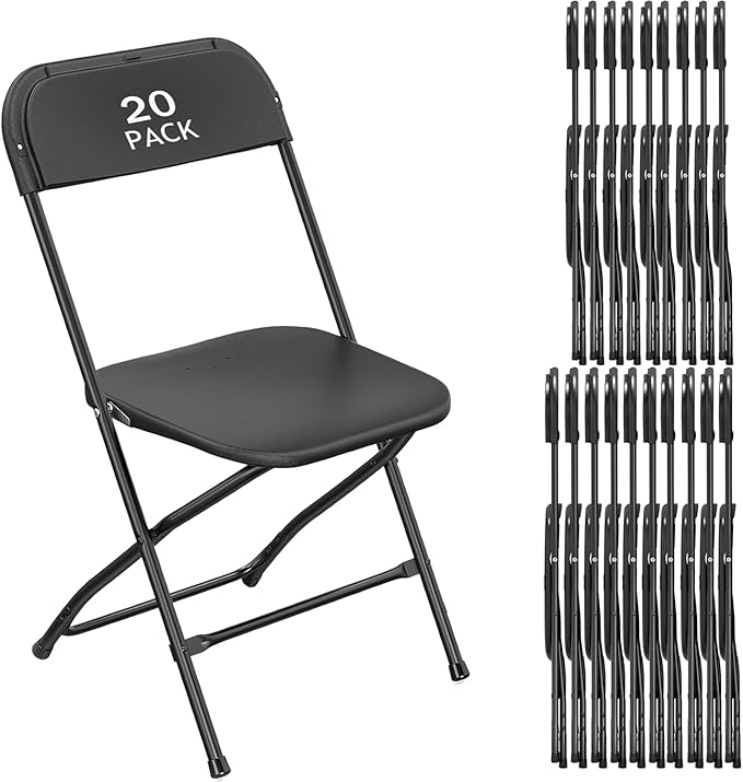 20 Pack Black Plastic Folding Chair, Indoor Outdoor Portable Stackable Commercial Seat with Steel Frame 350lb. Capacity for Events Office Wedding Party Picnic Kitchen Dining