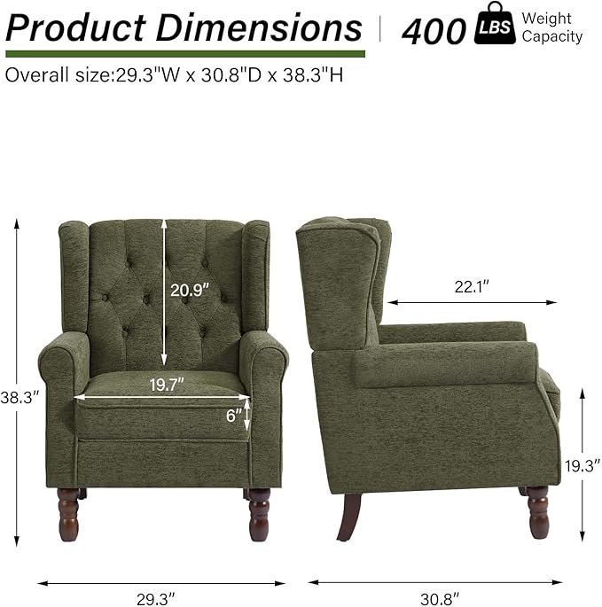 DREAMSIDEA Accent Chair, Upholstered Armchair with Button Tufted High Back & Solid Wood Legs, Comfy Wingback Reading Single Sofa Chair for Small Spaces, Living Room, Bedroom-Green, Set of 1