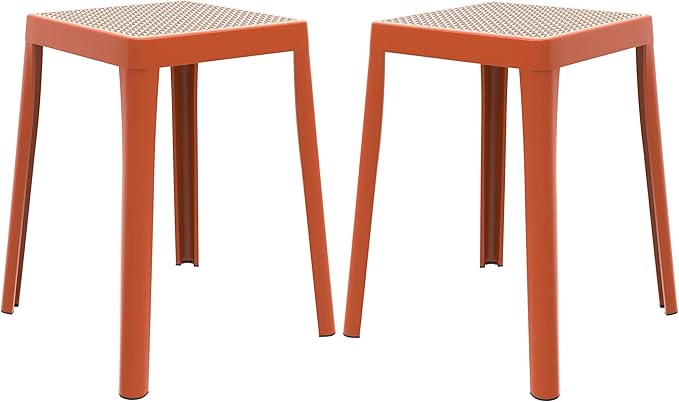 LeisureMod Tresse Mid-Century Modern Square Plastic Dining Stool Set of 2, Stackable Accent Stools with Breathable Seat, Lightweight Seating for Kitchen, Dining Room, Bedroom, or Entryway (Orange)