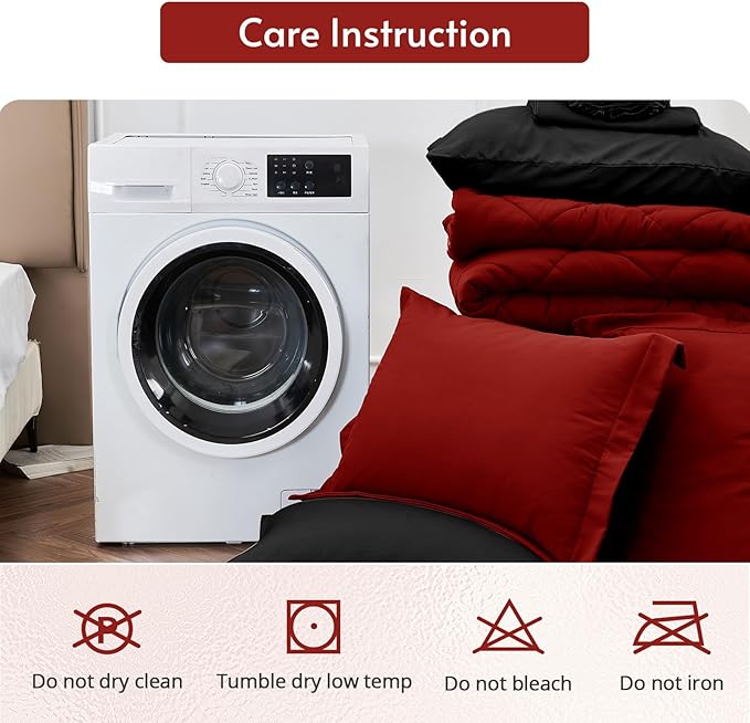 MUXHOMO 5 Pieces Twin XL Comforter Set, Reversible Bed in a Bag Twin XL Size, All Season Bedding Set with Comforter, Flat Sheet, Fitted Sheet, Pillowcases & Shams, Red & Black