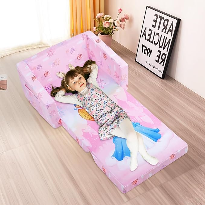 decalsweet Foldable Kids Sofas Couch 2 in 1 Children Convertible Sofa to Lounger Flip Open Toddlers Sofa Bed