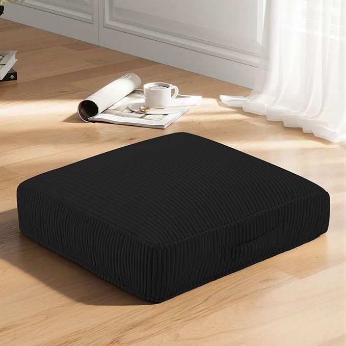 PRIMEPATIO Floor Pillow for Adults, 4" Square Floor Cushions with Washable Cover, Large Corduroy Meditation Pillow, 22 inches Tatami Seat with Handle for Living Room or Yoga, Black