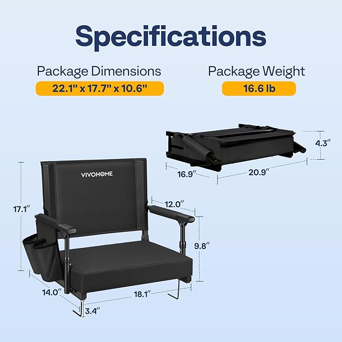 VIVOHOME Stadium Seats with Back Support and Cushion, 2 Pack Portable Bleacher Chairs with Cup Holder and Shoulder Strap