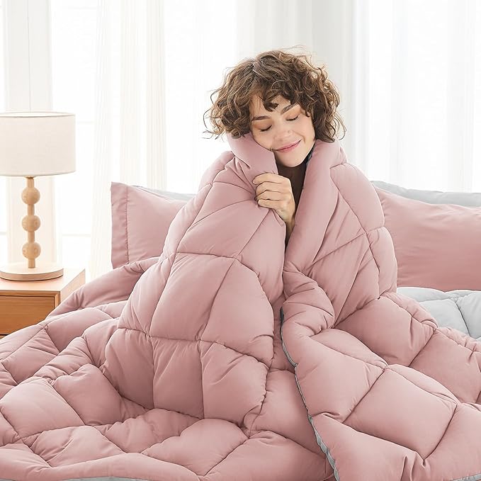 MUXHOMO 5 Pieces Twin Comforter Set, Reversible Bed in a Bag Twin Size, All Season Bedding Set with Comforter, Flat Sheet, Fitted Sheet, Pillowcases & Shams, Pink & Light Grey