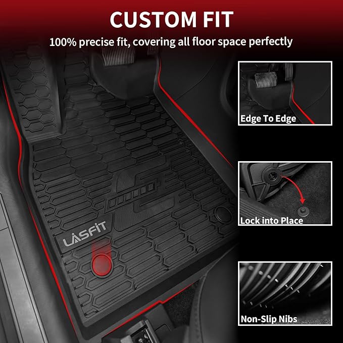 LASFIT Floor Mats and Trunk Mat for Ford Mustang Mach-E 2025 2024 2023 2022 2021 (Cargo Floor in Top Position) All Weather TPE Car Liners, 1st & 2nd Row & Cargo Liner, 4pcs Black