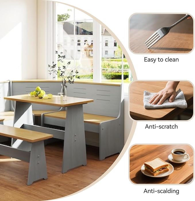Breakfast Nook Corner Dining Table Kitchen Bench Chair Set, Space-Saving 3-5 People Seat Reversible L-Shape for Family Home Grey Wood