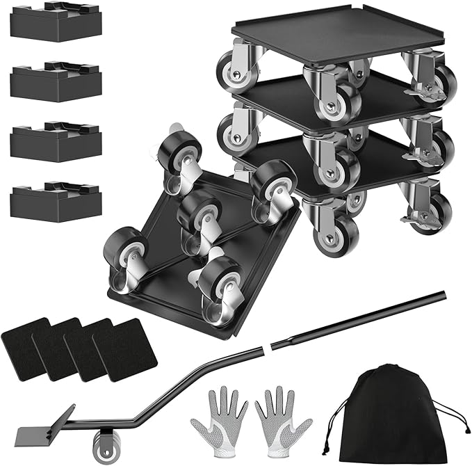 LOYAL TIGER Heavy Duty 1500LBS Furniture Dolly & Movers with 5X 360° Wheels - Carbon Steel Panel & Non-Slip Casters, Includes Lifter Jacks, Gliders for Sofa, Refrigerator (5.4 Inch, Black)