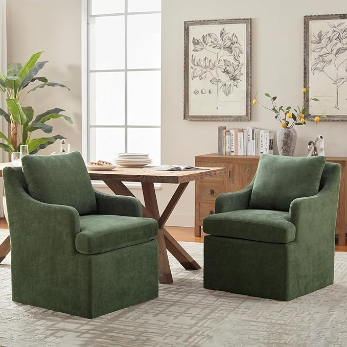 VKNOW Upholstered Dining Chairs Set of 4, Modern Kitchen Chairs Dinner Chairs with 4 Casters, Linen Armchair for Bedroom Reading Room Living Room, Green