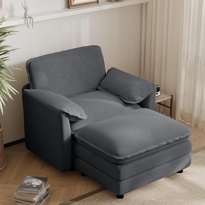 DAMAIFROM Oversized Chaise Lounge Chair Indoor with Ottoman, Firm Solid Wood Frame with Long Service Life Chenille Oversized Lounge Reading Chair for Study Room - Grey