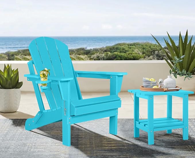 Folding Adirondack Chairs Set of 6- Plastic Adirondack Chairs with Cup Holder, Weather Resistant for Outdoor, Patio, Lawn, Garden, Backyard Deck, Fire Pit - Turquoise