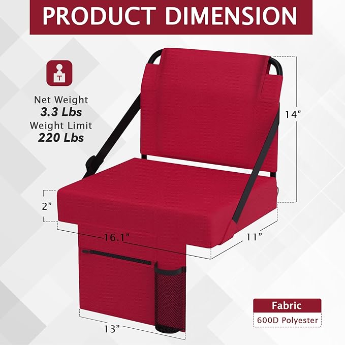 2pcs Stadium Seat for Bleachers with Back Support，Portable Bleacher Chairs with Back and Cushion，Includes Shoulder Strap and Cup Holder