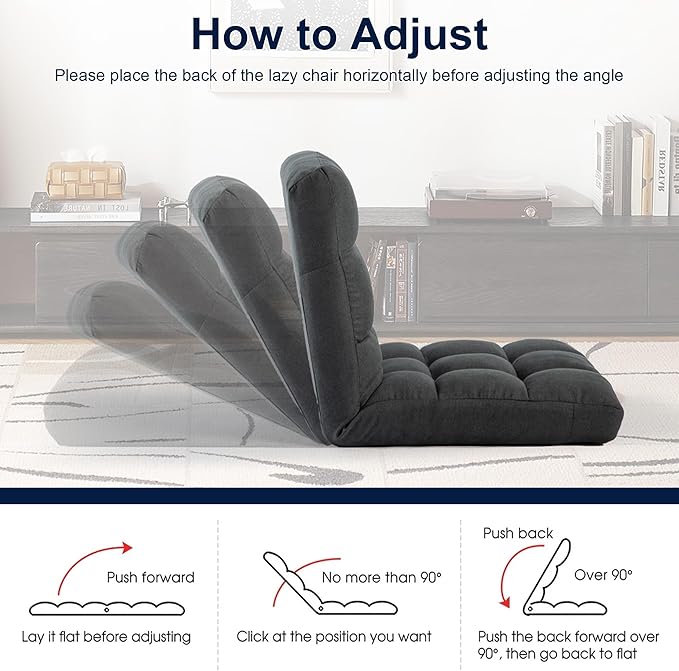 HOMYEDAMIC Floor Chair, 24 inches Wide Oversized Velvet Armless Lay Flat Floor seat Padded Meditation Chair with 6 Adjustable Position Ergonomic Comfortable Convenient(LRSF-002-GREY)