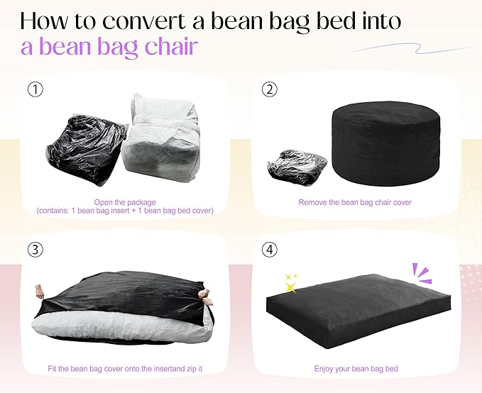 Hobestluk Giant Bean Bag Chair Bed for Adults, Large Bean Bags with High-Density Foam Filling, Convertible Big Sofa Bed Couch for Living Room, Bedroom, Playroom (Black, Queen)