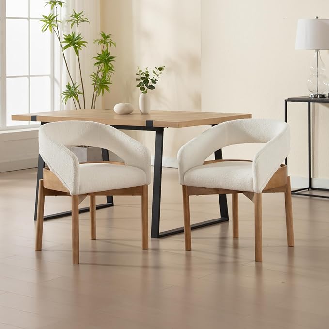 DUOMAY Modern Sherpa Dining Chairs Set of 2, Open Back Kitchen Chairs with Solid Wood Legs Upholstered Curved Back Side Chairs for Kitchen Restaurant, Fur White