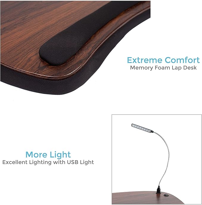 SOFIA SAM Oversized Wood Top Memory Foam Lap Desk - Padded Laptop Desk for Bed, Couch, Recliner, Portable Tray, Mouse Pad, Soft Table for Home, Travel, Fits Tablets and Laptops Up to 20 inches - Black