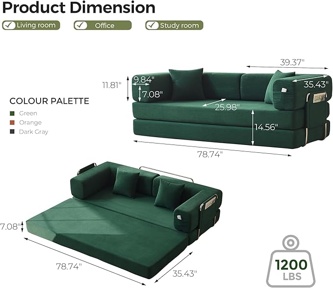 Carzzi-Life 79" Convertible Sofa Bed with Pillows, Corduroy Folding Sleeper Sofa with Fixed-Shape Frame, Boneless Couch for Living Room Bedroom, Floor Sofa Lounge No Assembly Required (Green)