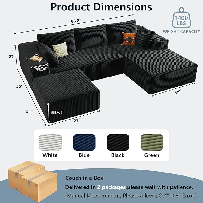 96" W Cloud Sectional Couch with Ottoman,Modern U-Shaped Cloud Couch with Deep Seat,Comfy Corduroy 3-Seater Sofa,Memory Foam Sofa for Living Room,No Assembly (Black,Right-Facing Chaise)