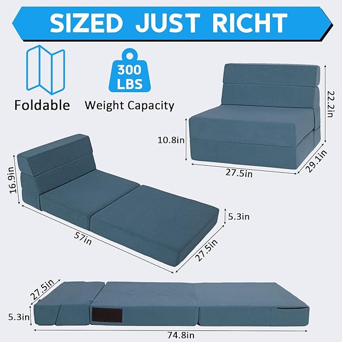 Folding Sofa Bed with Backrest 4 in 1 Convertible Sleeper Chair Memory Foam Fold Out Chair Bed Foldable Mattress Portable Floor Futon Sofa Couch for Living Room/Dorm/Guest Room/Home Office