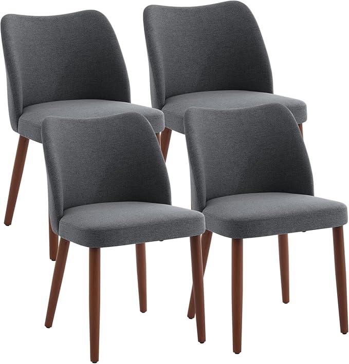 ElfinAura Dining Chair Set of 4, Linen Upholstered Dining Chair with Wood Legs, Wing Backrest, Wooden Kitchen Chair, Kitchen Chairs with Thick Cushions for Dining Room, Living Room, Dark Grey