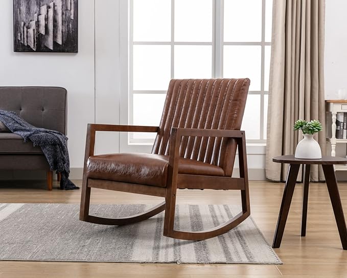 CIMOTA Leather Modern Rocking Chair Mid Century Armchair Upholstered Arm Chair with Padded Seat/Wood Frame, Comfy Rocker for Living Room/Bedroom, Retro Dark Brown PU