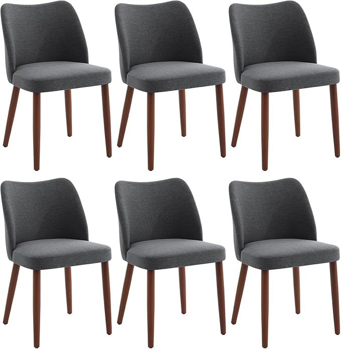ElfinAura Dining Chair Set of 6, Linen Upholstered Dining Chair with Wood Legs, Wing Backrest, Wooden Kitchen Chair, Kitchen Chairs with Thick Cushions for Dining Room, Living Room, Dark Grey
