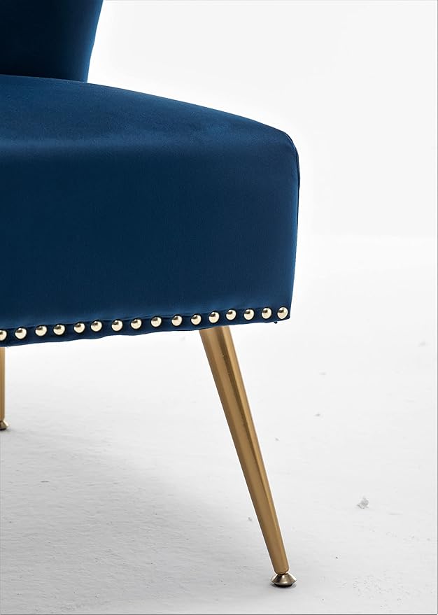 Container Furniture Direct Thia Armless Velvet Accent Chair for Living Room, Elegant Seat with Nailhead Trim, Gold Metal Legs and Comfortable Curved Back, 28" D x 25" W x 29.5" H, Dark Blue