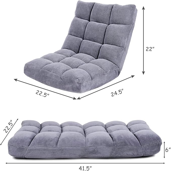 KOMFOTT 14-Position Adjustable Floor Chair With Back Support, Folding Padded Gaming Sofa for Reading, Meditation, Living Room Lazy Lounge, Video Gaming - Grey