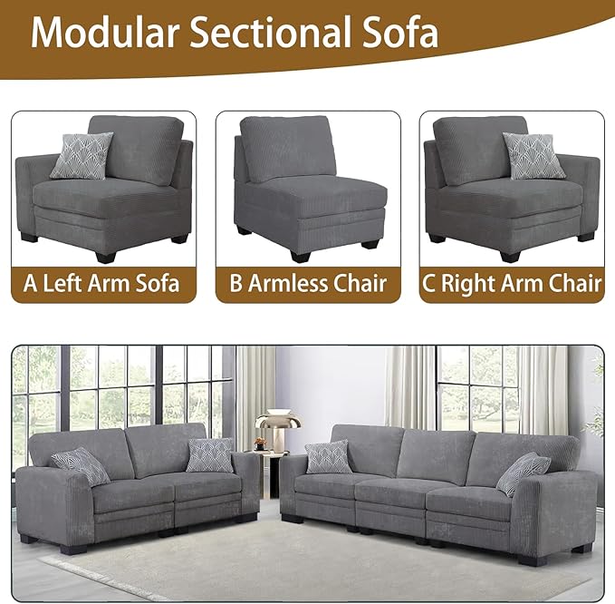 Legend Vansen Oversized Modular Sectional Sofa,5 Seat U Shaped Couch with Ottoman,Corduroy Sofa with Deep Seat,Convertible Large Sectional Couches for Living Room (Grey, 2+3)