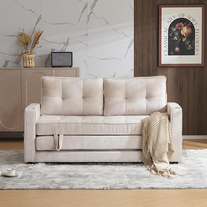 VINGLI Upgraded 64" W 84" L Full Size Futon Sofa Bed, 6" Thick Upholstery Chenille Loveseat Sofa Sleeper Pull Out Couch,Convertible Floor Couch for Living Room, Bedroom, Entertainment Room, Beige