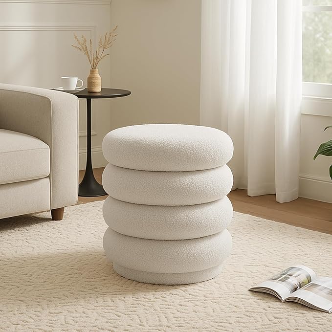 17.5'' Round Ottoman Foot Stool Fabric Storage Footrest Vanity Stool Chair, Modern Sherpa Upholstered Padded Seat with Lid for Living Room/Bedroom/Small Space/Make Up, Cream