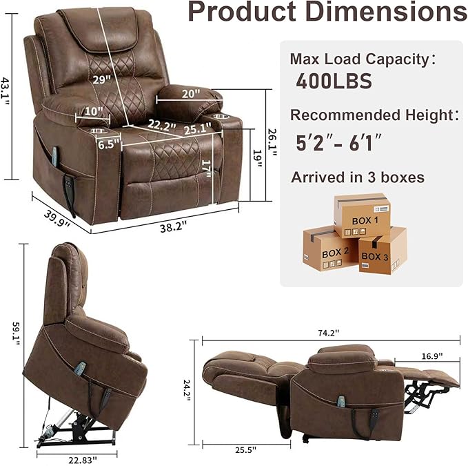 Oversized Power Lift Recliner Chair for Big and Tall 400 LBS, 25" Large Electirc Recliner Chair with Massage and Heating, 180° Lay Flat Zero Gravity Recliner Sofa, Leather, Coffee Brown