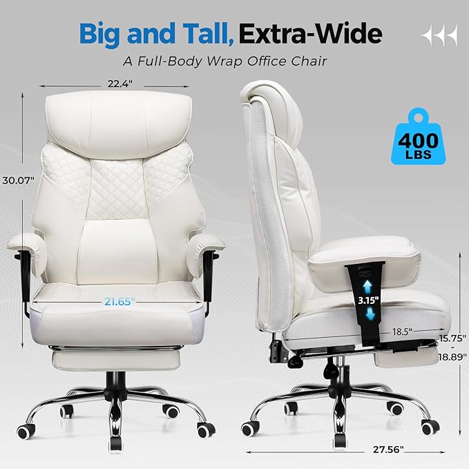 GTRACING Big and Tall Office Chair 400LBS Wide Ergonomic Gaming Chair with Deluxe Embossing Designed Leather with Foot Rest,150°Reclining Adjustable Soft Armrests Pocket Spring Back Support and Pillow