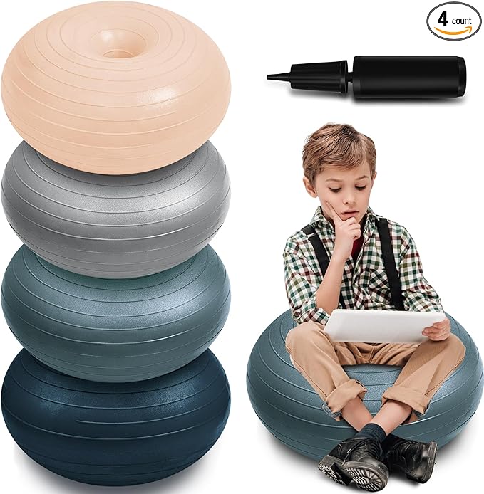 Lewtemi 4 Pcs Flexible Seating for Classroom Elementary 20 Inch Yoga Ball Chair Inflatable Donut Ball Chair with Inflator for Kids Student Sensory Balance Office Exercise