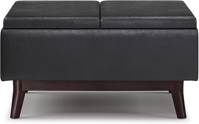SIMPLIHOME Owen Tray Top Small Coffee Table Storage Ottoman - 34 inch Wide Upholstered Vegan Leather Rectangular Flip-Top Ottoman in Distressed Black, Mid-Century Ottoman for Living Room