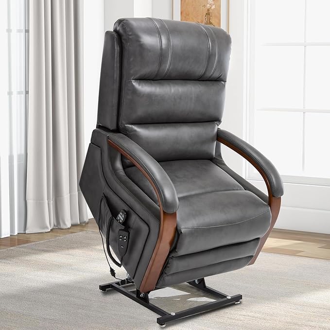 Dual Motor Power Lift Recliner Chair, Lay Flat Recliner, Lift Chair with Massage and Heat, Standing Assistance, Infinite Position Reclining, Living Room Chair (Faux Leather Grey)
