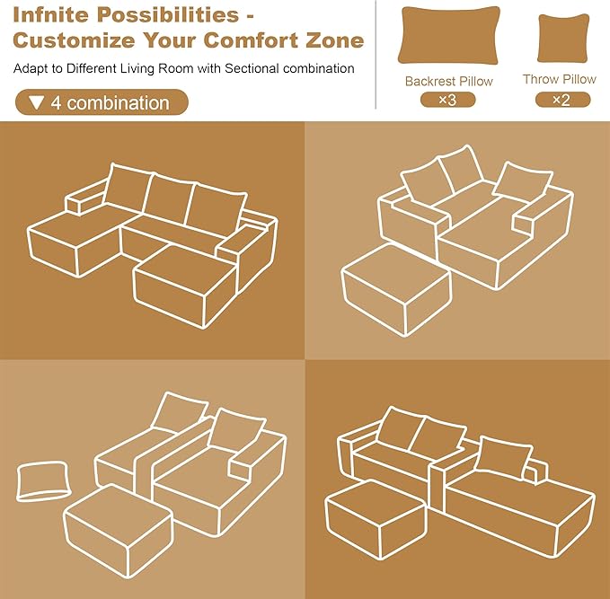 AUGOP 108" Sectional Couches for Living Room Modern Modular Sofa with L-Shape Couchs Upholstered Boneless Couch Deep Seat Sectional Couch with Chaise (Camel, Left Facing Chaise+2Seaters+1Ottoman)