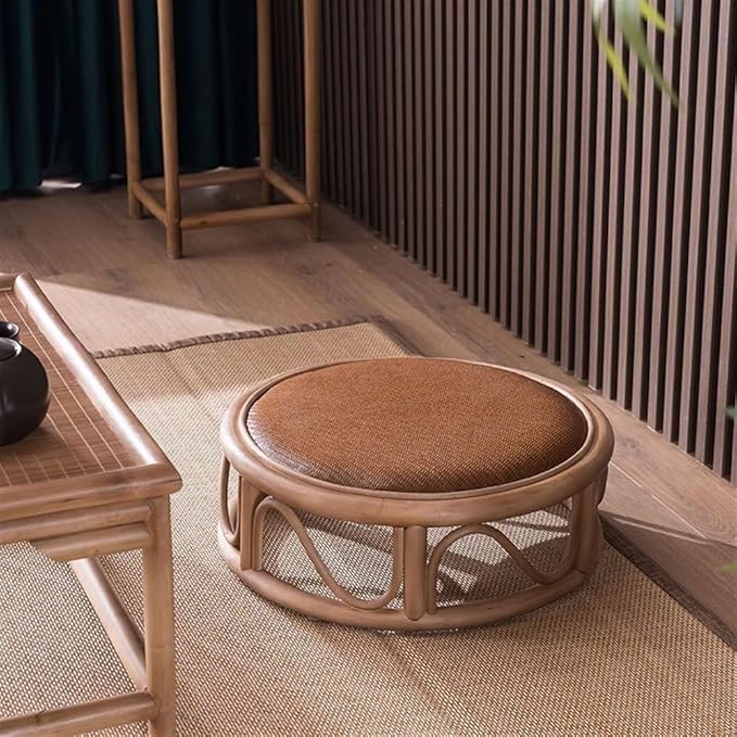 Rattan Low Stool, Hand-Woven Round Rattan Cushion, Meditation Floor Mat, Vintage Futon Cushion, Yoga Cushion, Suitable for Bedroom, Balcony(Brown,45 * 15cm/17.7 * 5.9in)