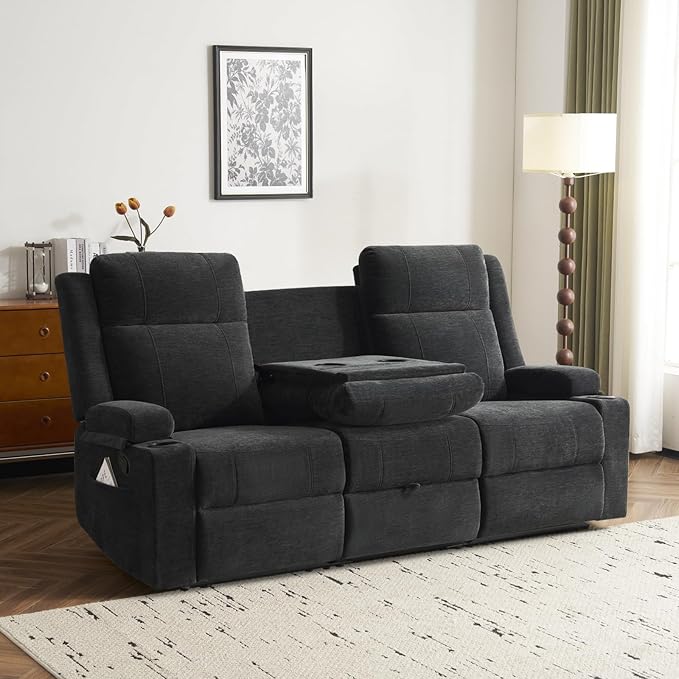 PALLOME Chenille Reclining Sofa 3-Seater with Convertible Table, Storage Ottoman & Cup Holders | Modern Space-Saving Couch, Ergonomic Living Room Furniture (Black)