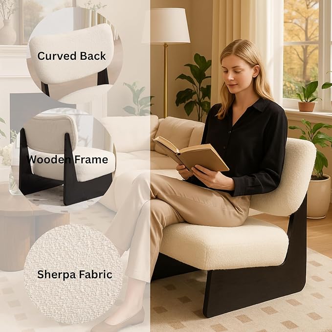 Beige Furry Living Room Chairs Set of 2, Cozy Upholstered Armless Accent Chair for Bedroom, Black Wood Frame, Vintage Modern Lounge Reading Chair for Apartment Waiting Room Office, Beige