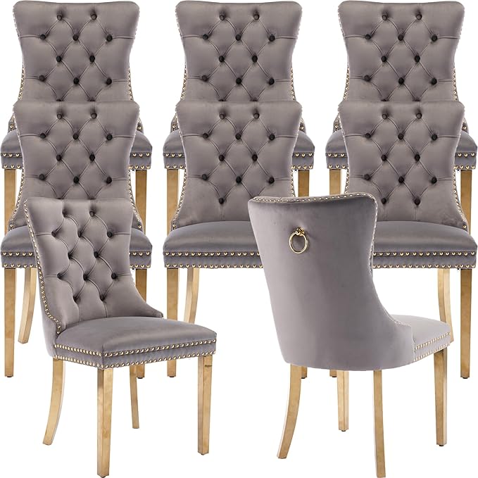 YeahFurn Mid Century Modern Dining Chairs Set of 8, Grey Velvet Upholstered Tufted Back, Kitchen & Dining Room Chairs, Gold Metal Legs, Nailhead Trim, Sillas para Comedor (Gray, 8 Pcs)
