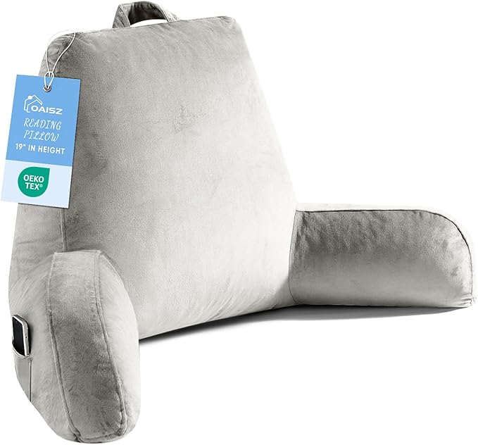 OAISZ Reading Pillow for Sitting in Bed Adult, Reading Pillow with Shredded Memory Foam, Bed Pillow with Washable Cover, Back Pillow Sitting Up with Extend Arms, Light Gery, X-Large