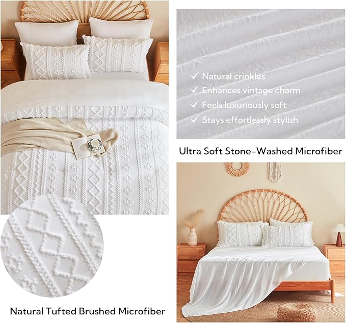 MR&HM White Boho Comforter Set, Farmhouse Bedding Set, Queen Bed in a Bag Set 7 Pieces with 1 Comforter, 2 Pillow Shams, 2 Pillowcases, 1 Flat Sheet, 1 Fitted Sheet for All Seasons
