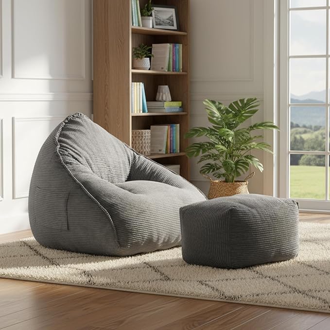 Cloud Bean Bag Chair with Ottoman for Adults, Comfy Corduroy Chaise Lounge Chair with High-Resilience Foam, Boneless Reading Chair for Bedroom & Living Room (Grey)