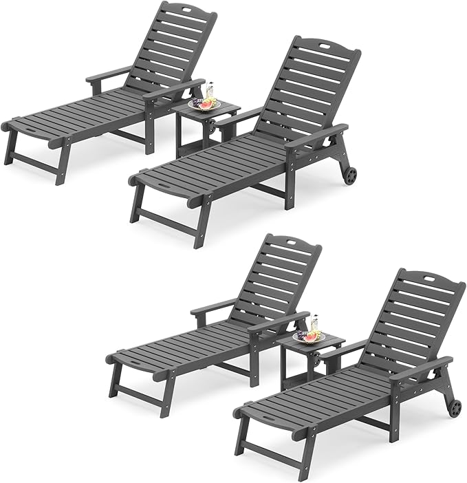 LUE BONA Chaise Lounge Chair with Table, 6-Piece, HDPS Chaise Lounger, 5 Positions Adjustable Lounge Chairs, Pool Lounge Chair with Wheels for Poolside, Backyard, Dark Gray