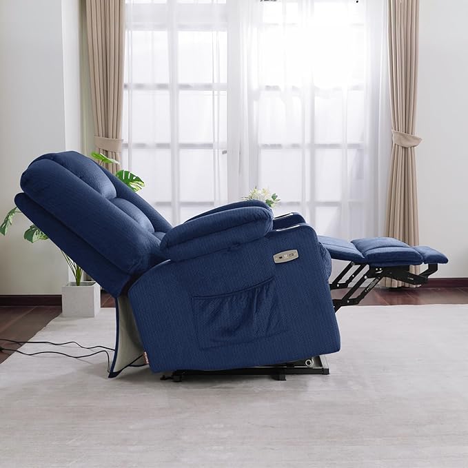 MCombo Large Power Lift Recliner Chair Sofa with Massage and Heat for Big and Tall Elderly People, 3 Positions, Cup Holders, and USB Ports, Fabric 7549 (Large, Navy Blue)