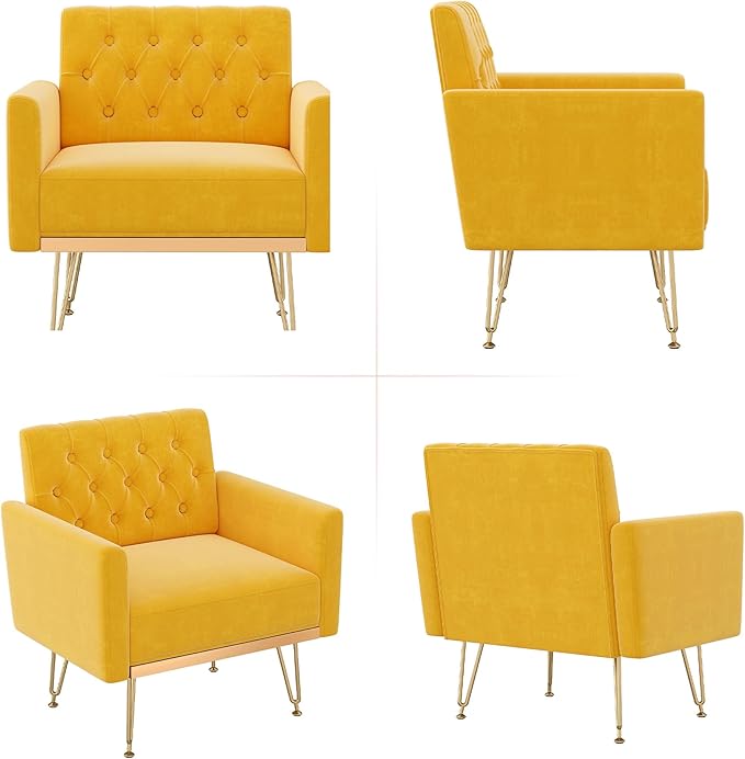 Accent Chair for Living Room, Comfy Oversized Velvet Upholstered Arm Chairs, Mid Century Modern Reading Single Sofa Side Chair with Tufted Back and Gold Legs for Bedroom (2, Mustard)