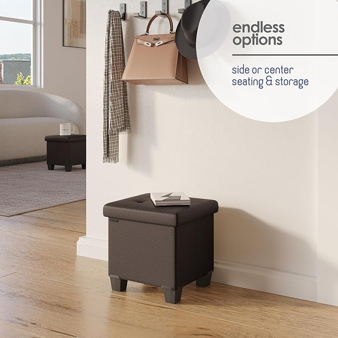 Storage Ottoman Cube with Small Bin, 16-in Square Ottoman with Storage for Living Room and Bedroom, Small Ottomans Foot Rest, Faux Leather Foot Stools Ottomans Max 330lbs, Brown