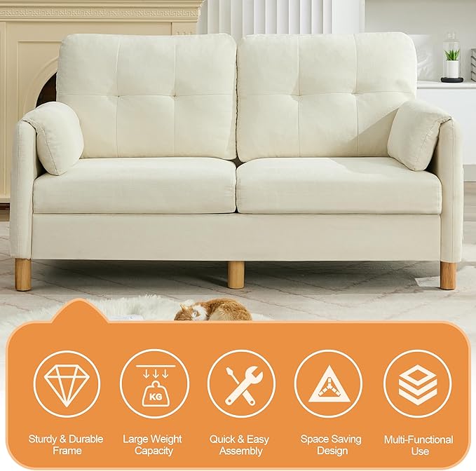 WUTUTUEE 65" Chenille Loveseat Sofa, Modern 2-Seater Love Seat Couch with Armrest Pillows, Storage Pockets, Easy Assembly, Upholstered Tufted Loveseat Sofa Couches for Living Room Bedroom, Beige